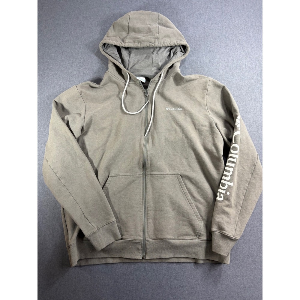 Columbia Mens Full Zip Hoodie XL Olive Taupe Sleeve Logo Fleece Sweatshirt